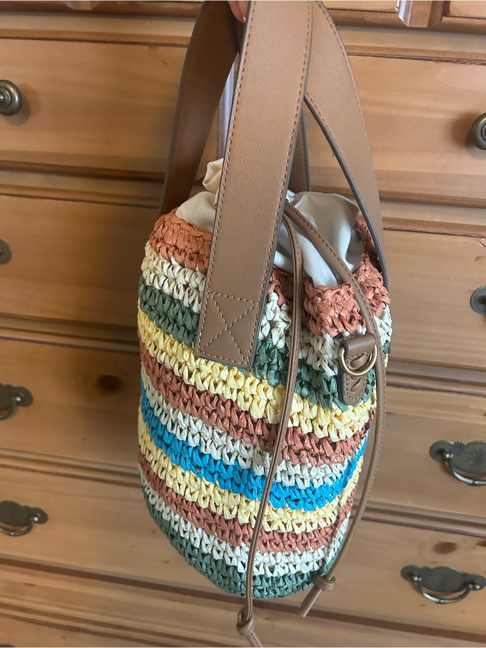Sol and Mer Raffia Striped Drawstring Handbag NWT - Picture 5 of 11
